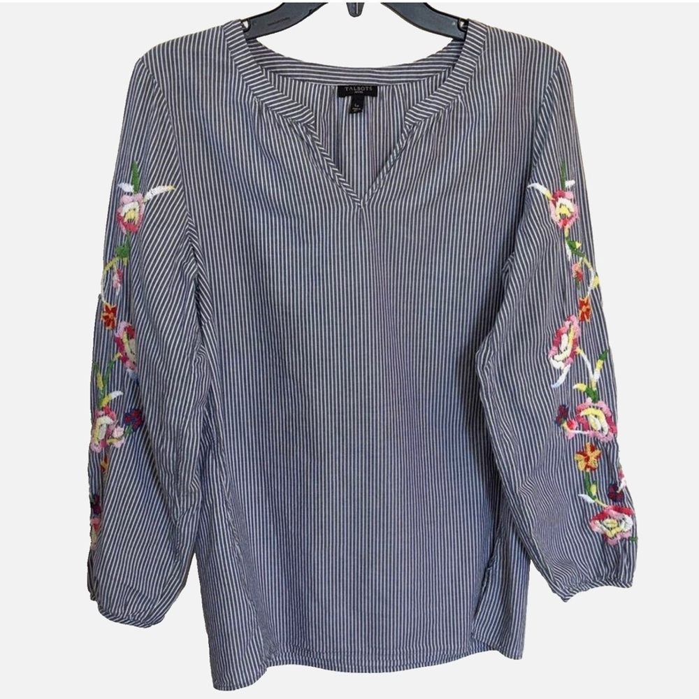 Talbots Petite Large Blue White Stripe Peasant Blouse Embroidered Floral Sleeve